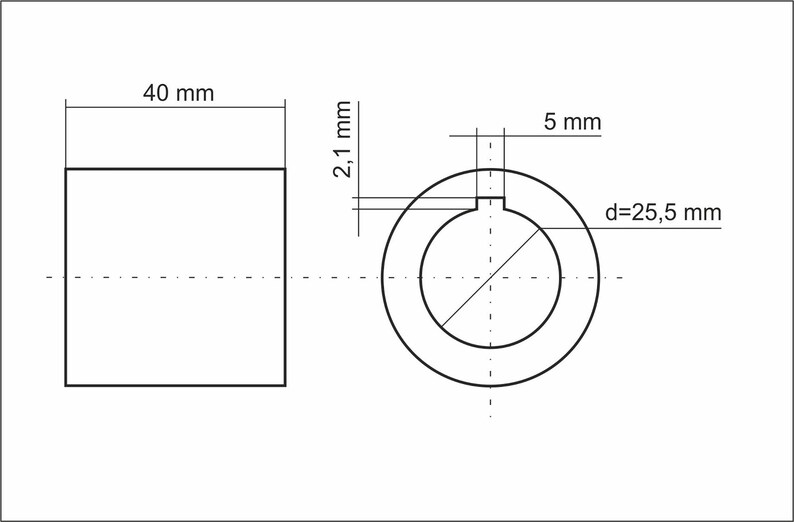 May include: A line drawing of a square with a side length of 40 mm and a circle with a diameter of 25.5 mm. The circle has a smaller circle inside with a diameter of 5 mm. The circle is 2.1 mm thick.