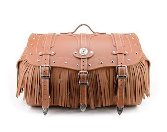 Handmade Genuine Leather Motorcycle Sissy Bar Bag, Tan Fringe, 3mm Thick (34x38x60cm)