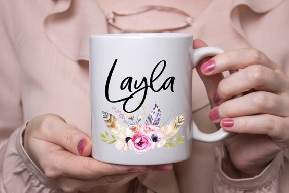 Custom Name Mug - Boho Coffee mug - Feather Floral Mug - Office Mug - Watercolour Flower Mug - Bachelorette Gift - Gift for Best Friend