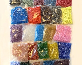 Stash builder 6o seed beads, 25 vintage colors, 40-45 grams per color, Matsuno, Toho, Czech, Miyuki