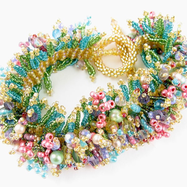 Spring Bracelet Bead Weaving instant download pattern, offloom & peyote stitch, fringe decorations, fits anyone, links to tutorials