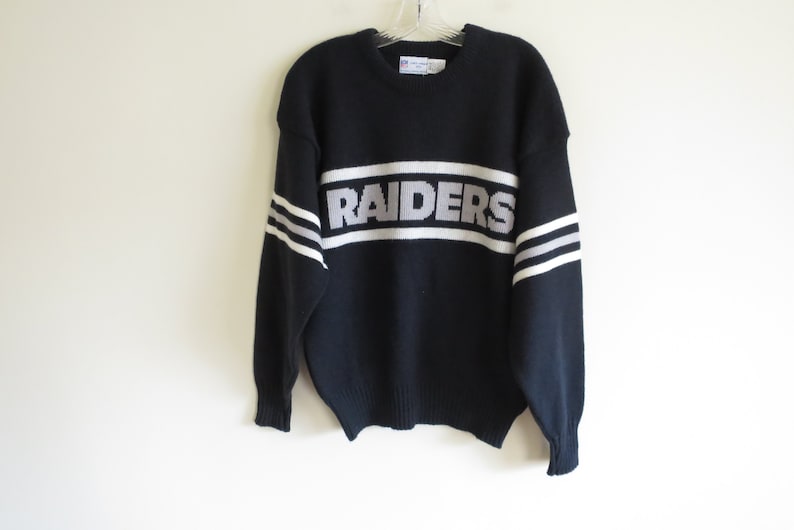 Large | Made in USA fit Vintage 80/'s Los Angeles Raiders Cliff Engle wool blend sweater tag size Medium-Large DEADSTOCK