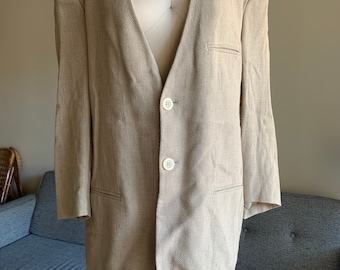 Vintage 80's Emporio Armani sin cuello de lana taupe / blazer de seda / N / A (tamaño de etiqueta) Grande (ajuste) /