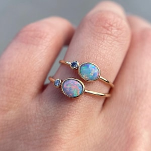 14K Yellow gold ring with Australian Opal and White or Champagne Diamond image 2