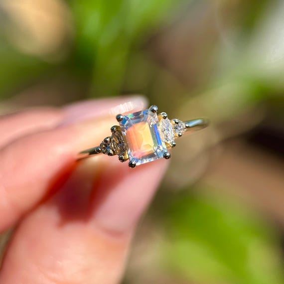 14K Yellow gold ring with Madagascar Moonstone and Diamonds SZ 7