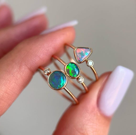 14K Yellow gold rings with Australian Crystal Opals and Diamonds