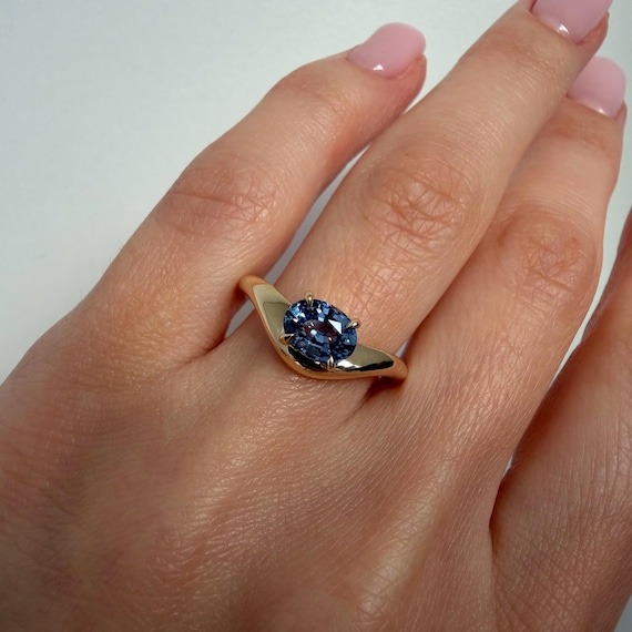 Oval Sapphire Ring, 14K Yellow Gold, Modern Statement