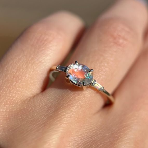 14K Yellow gold ring with Madagascar Moonstone and Diamonds SZ 8.75