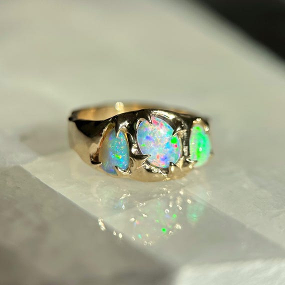 14K Molten Yellow gold ring with Australian Crystal Opals SZ 5.5