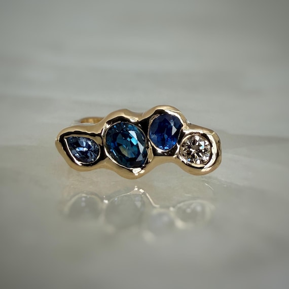 14K Molten gold ring with Ocean blue sapphires and Champagne diamond SZ 6.25