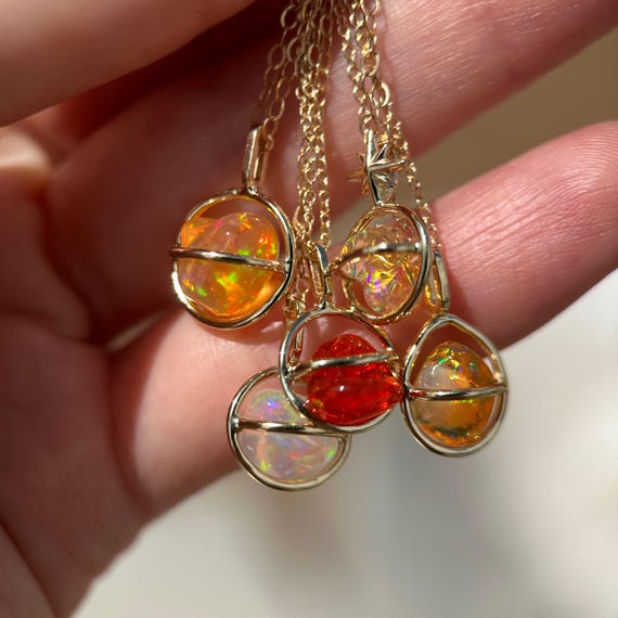 14K Yellow gold Planet Pendants withy Freeform Mexican Fire Opals