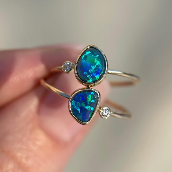 14K Yellow gold rings with Australian Opals and Diamonds