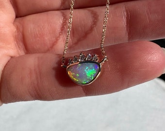 14K Yellow gold necklace with Australian Crystal Opal and White Diamonds