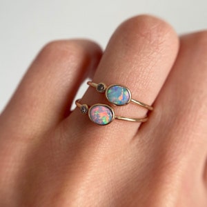 14K Yellow gold ring with Australian Opal and White or Champagne Diamond image 1