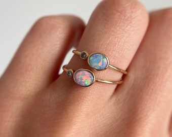 14K Yellow gold ring with Australian Opal and White or Champagne Diamond