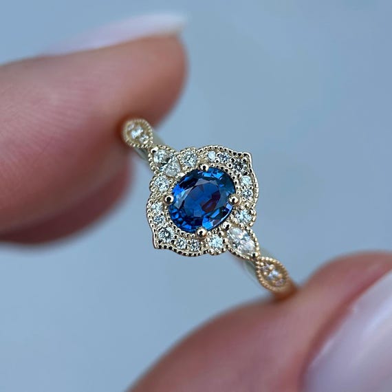 14K Yellow gold Aveline ring with Blue sapphire and Diamonds SZ 7