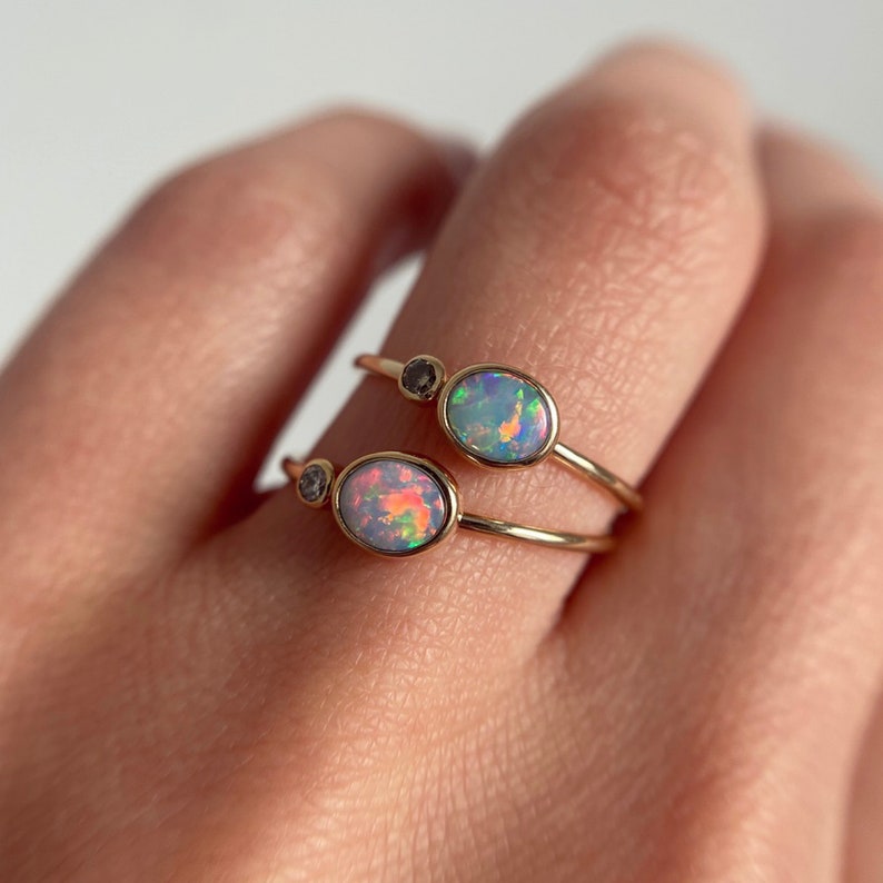 14K Yellow gold ring with Australian Opal and White or Champagne Diamond image 3