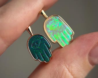 14K gold hamsa hand pendant with Australian Opal