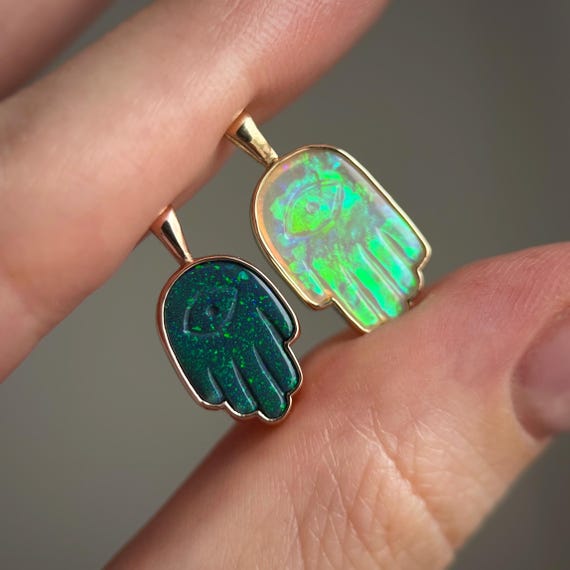 14K gold hamsa hand pendant with Australian Opal