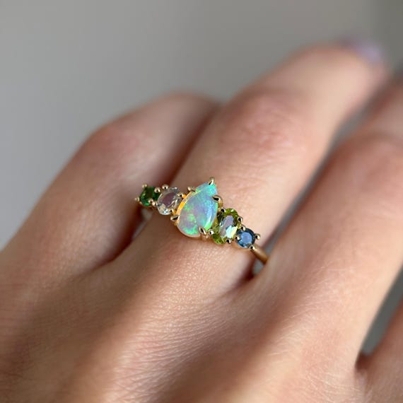 14K Yellow Gold & Australian Crystal Opal Fusion Ring SZ 9.25