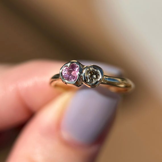14K Molten Yellow gold ring with Pink Sapphire Heart and Champagne Diamond SZ 6.5