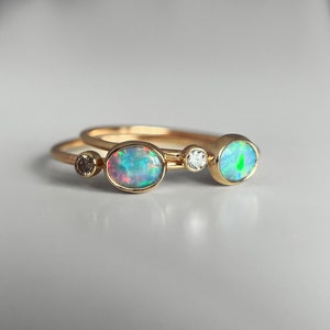 14K Yellow gold ring with Australian Opal and White or Champagne Diamond image 7