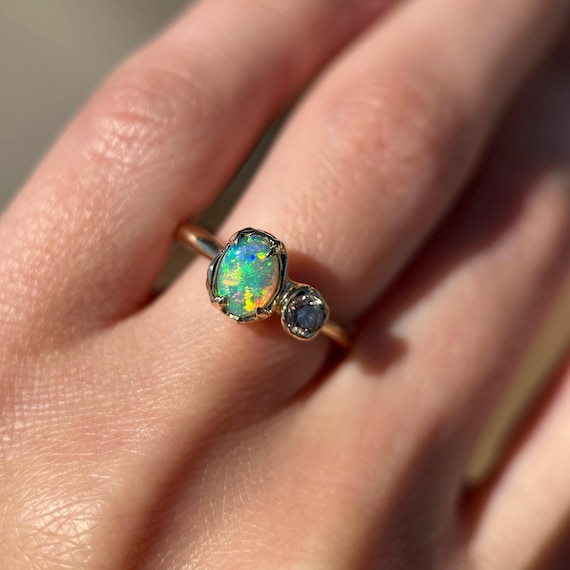 14K Molten Yellow gold ring with Australian Crystal Opal and Champagne Diamond SZ 7