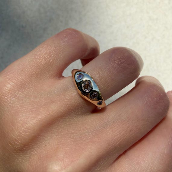 14K Molten gold ring with Brown and Pinkish-brown diamonds SZ 5