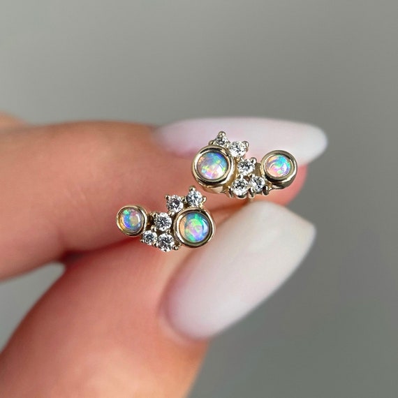 14K Yellow, Rose or White gold earrings with Australian Crystal Opals and Diamonds