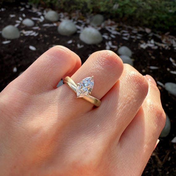 14K Yellow gold Aris ring with IGI certified 1.09 ct Marquise Lab Grown Diamond G color VVS2 clarity SZ 6