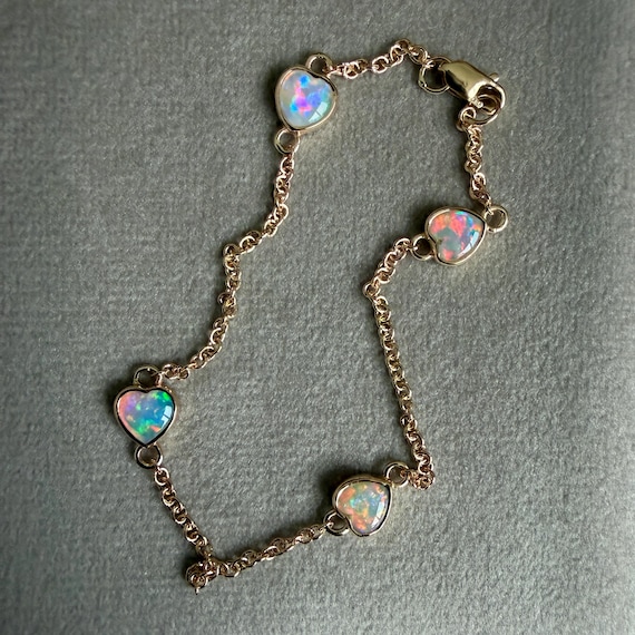 14K Yellow gold bracelet with Australian Crystal Opal Hearts