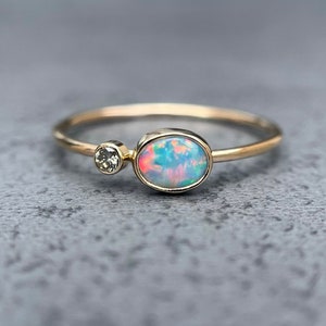 14K Yellow gold ring with Australian Opal and White or Champagne Diamond image 9