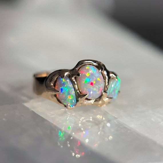 14K Molten Yellow gold ring with Australian Dark Opals SZ 6