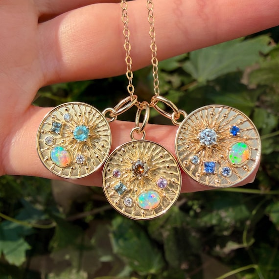 Celestial Pendant Necklace, 14K Yellow Gold, Custom Gemstone and Diamond Necklace