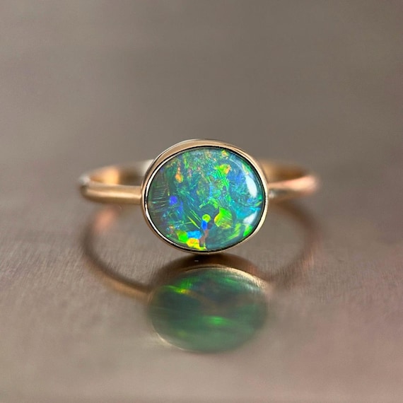 14K Yellow gold ring with Australian Black Crystal Opal SZ 8