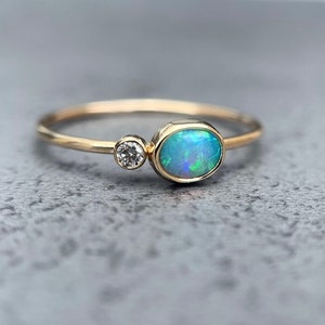 14K Yellow gold ring with Australian Opal and White or Champagne Diamond image 10