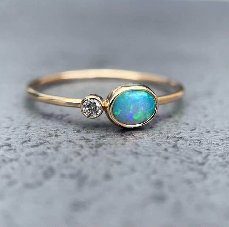 14K Yellow gold ring with Australian Opal and White or Champagne Diamond image 10