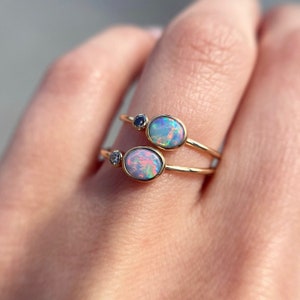 14K Yellow gold ring with Australian Opal and White or Champagne Diamond image 4