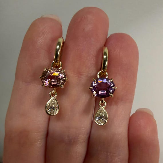 14K Yellow gold earrings with Reverse oval tourmaline and Diamonds - Dangle Huggie earrings