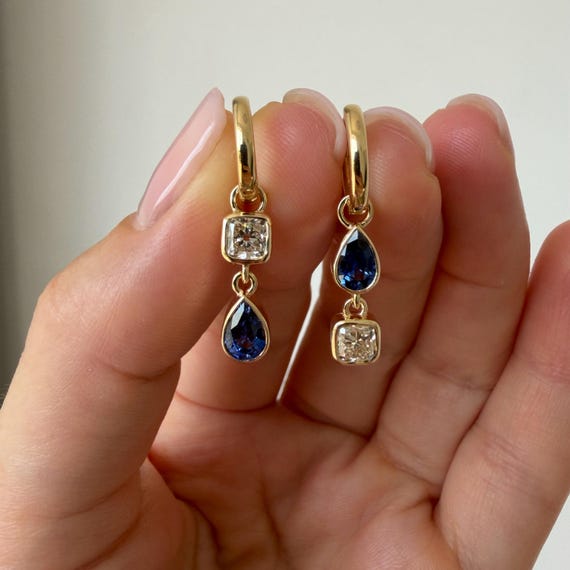 14K Yellow gold earrings with Blue Sapphires and Diamonds - Dangle Huggie earrings