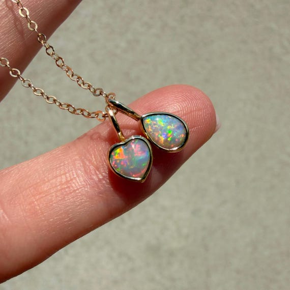 Custom-made 14K Yellow gold pendant with Australian crystal opal heart or pear
