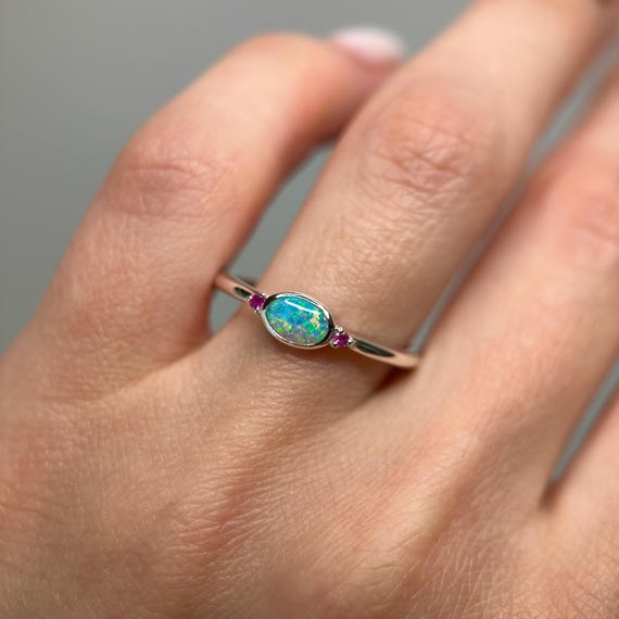 Sterling silver ring with Australian Crystal Opal and Pink Sapphires SZ 9