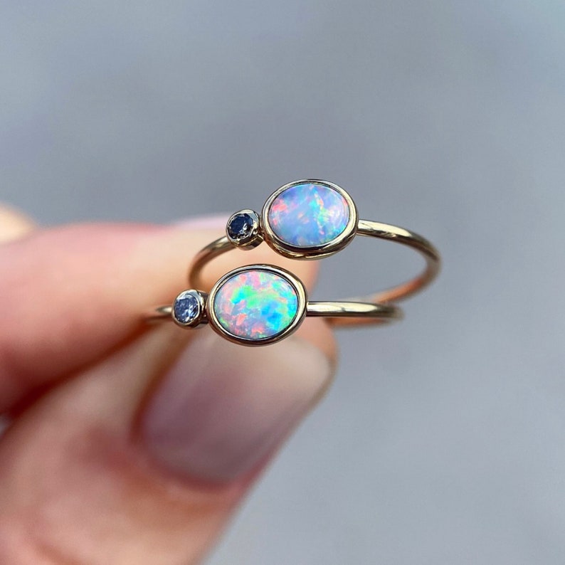 14K Yellow gold ring with Australian Opal and White or Champagne Diamond image 6