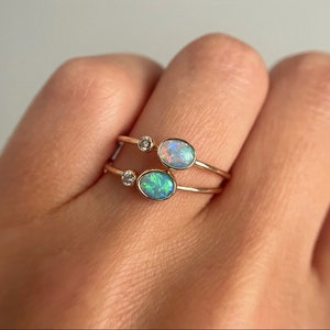 14K Yellow gold ring with Australian Opal and White or Champagne Diamond image 8