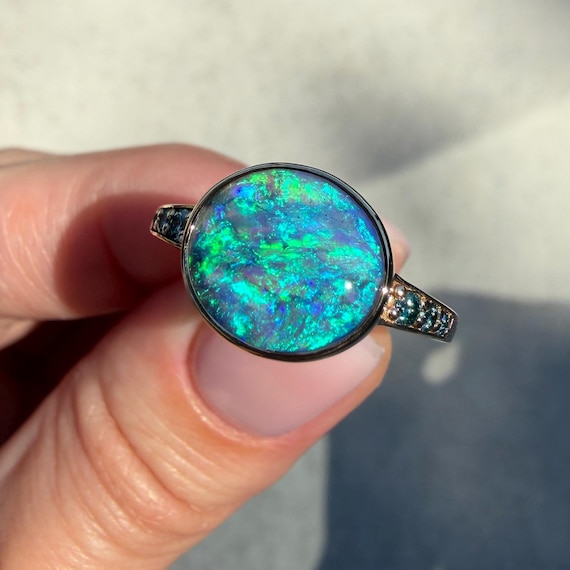 14K Yellow gold ring with Australian Black Crystal Opal and Aqua Blue Diamonds SZ 7.25