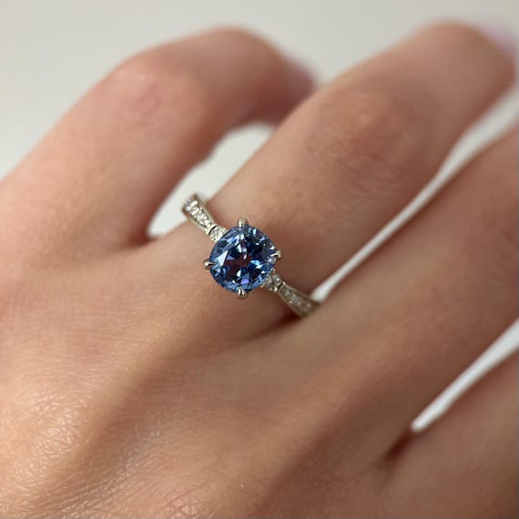 14K White gold Aria ring with Blue Sapphire and Diamonds SZ 5