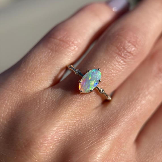 14K Yellow gold ring with Australian Crystal Opal and Diamonds SZ 8