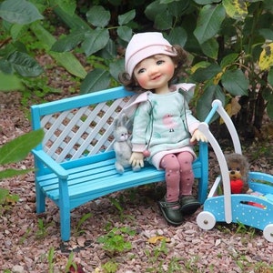 Dumplings doll bench + toy cart, miniature doll furniture, doll garden bench
