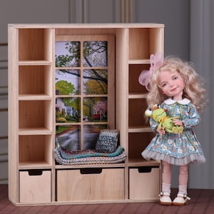 1/6 scale doll bookcase with window, Wardrobe with shelves for dollhouse, roombox, diorama, furniture for 12 inch dolls