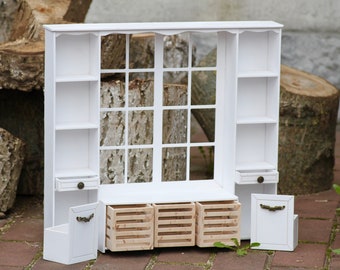 1/6 scale doll furniture, bookcase with window, Wardrobe with shelves for dollhouse, roombox, diorama for dolls up to 14”